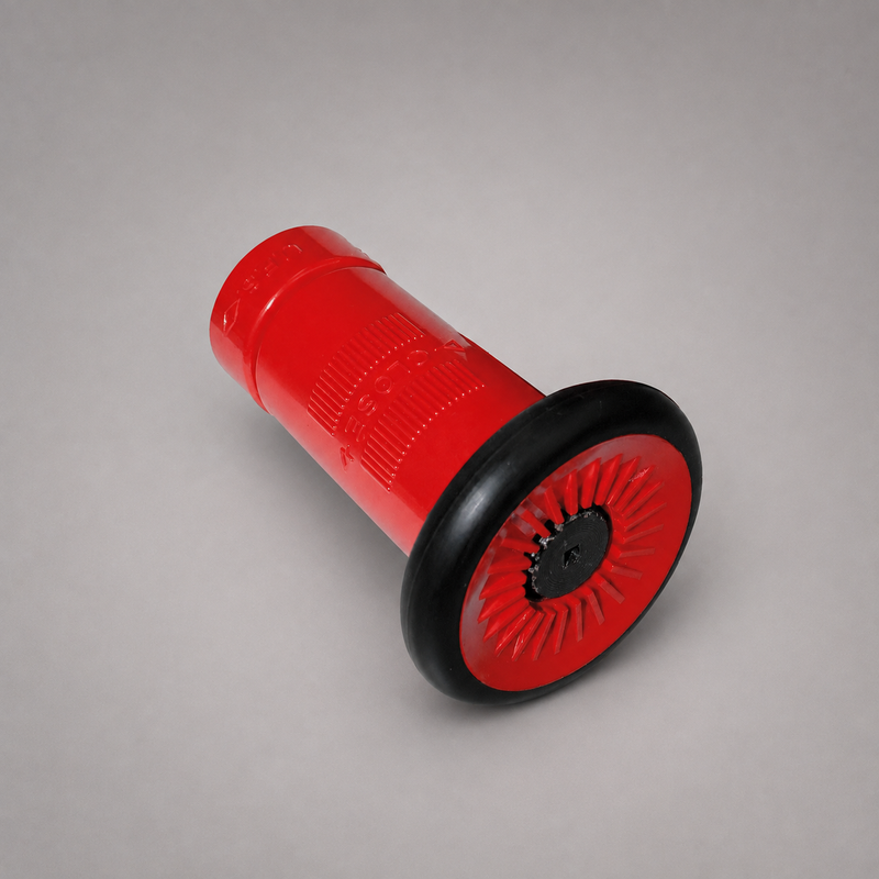 Red polycarbonate fire hose nozzle with rubber bumper and fog teeth, angled view