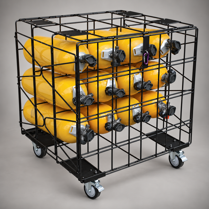 Cascade SCBA 12-cylinder storage rack with optional locking wheel kit