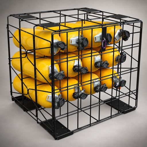 Cascade SCBA 12-cylinder storage rack loaded with breathing-air cylinders