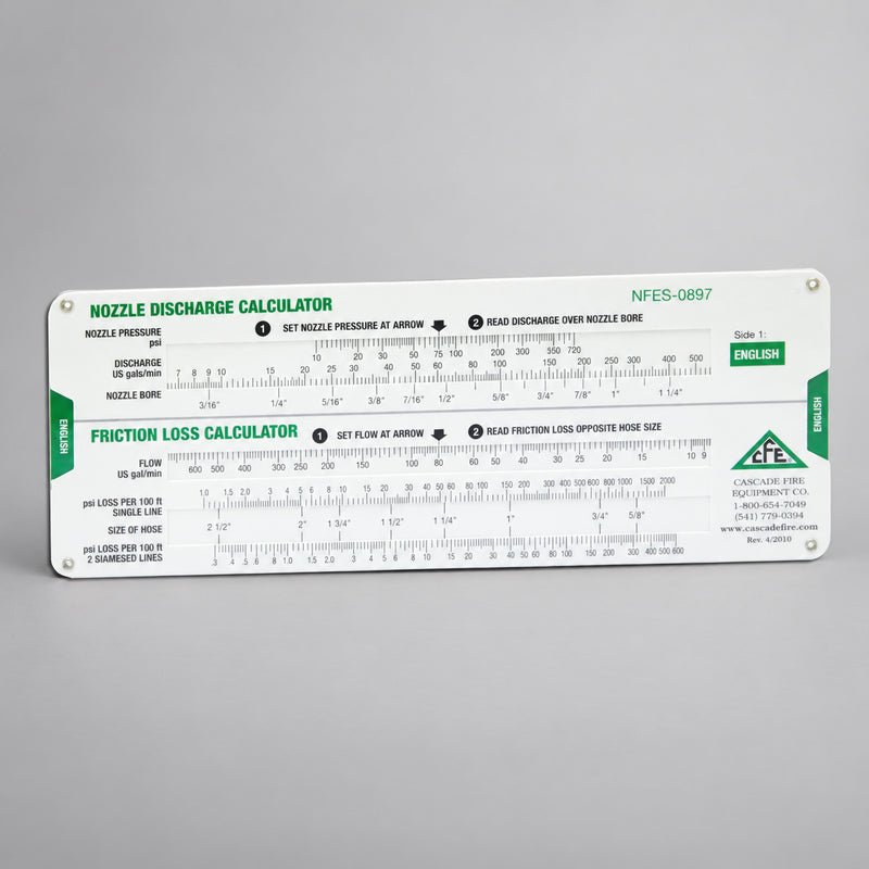 English side of the Cascade nozzle discharge and friction loss slide calculator on a warm gray studio background