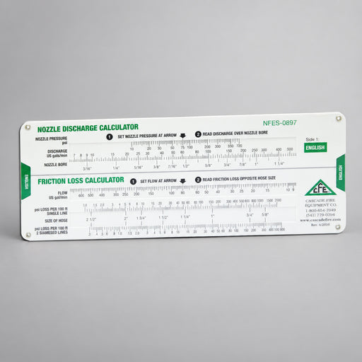 English side of the Cascade nozzle discharge and friction loss slide calculator on a warm gray studio background