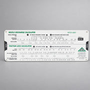 Metric side of the Cascade nozzle discharge and friction loss slide calculator on a warm gray studio background