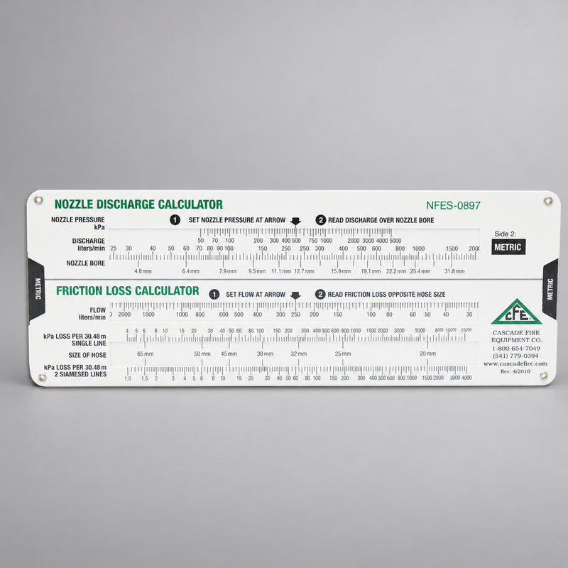 Metric side of the Cascade nozzle discharge and friction loss slide calculator on a warm gray studio background