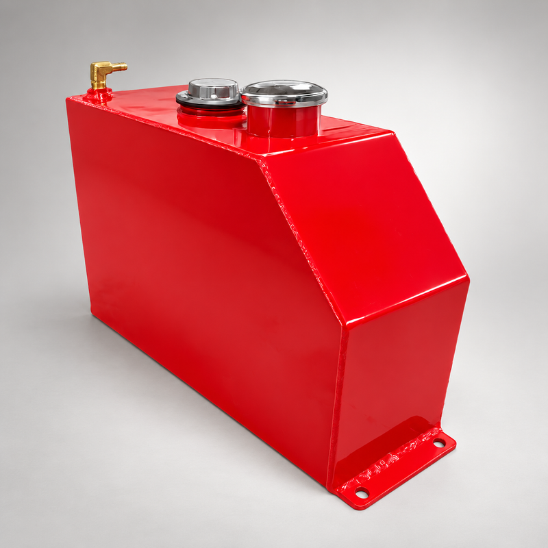 Red five-gallon welded aluminum fuel tank with top fittings and mounting feet on light gray background