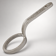 Universal firefighting foam wrench, raised cast-aluminum handle and serrated cap opening on light gray background