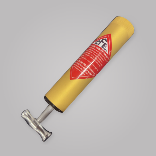 CFE Hand Primer with gold anodized aluminum body, original red Cascade Hand Primer label and silver T-handle on a soft gray background