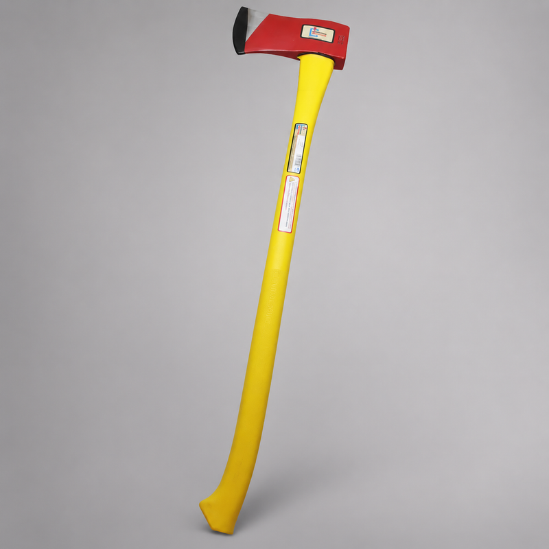 Reverse view of a Council Tool flat-head fire axe showing its red head, yellow fiberglass handle and labels.