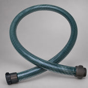 Coupled clear PVC suction hose with green rigid helix and threaded couplings on warm gray background
