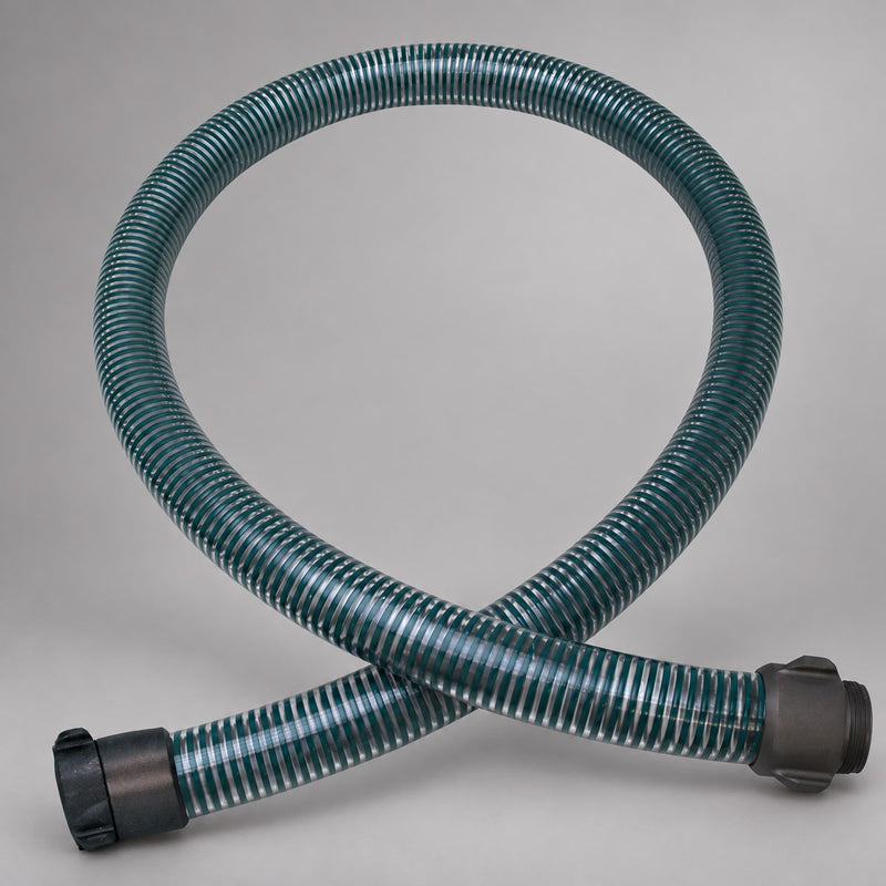 Coupled clear PVC suction hose with green rigid helix and threaded couplings on warm gray background