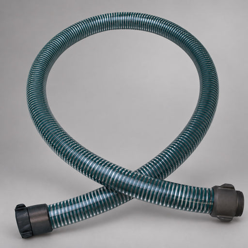Coupled clear PVC suction hose with green rigid helix and threaded couplings on warm gray background
