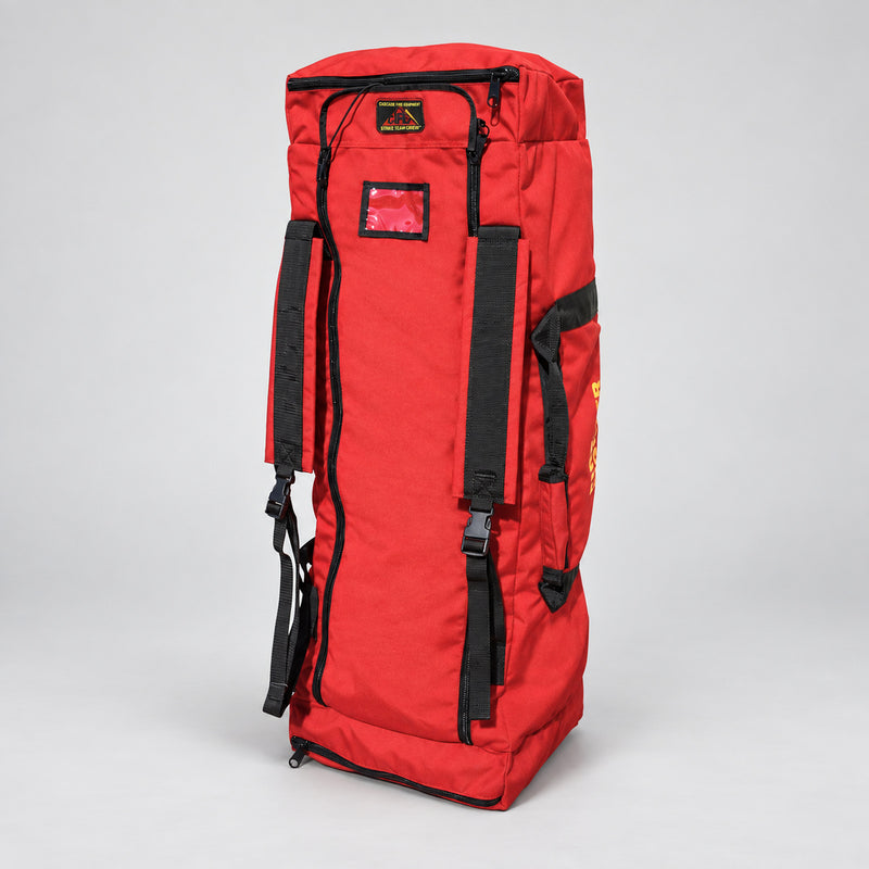 Red Strike Team Crew Bag rear view showing padded shoulder straps, ID window and carry handles.