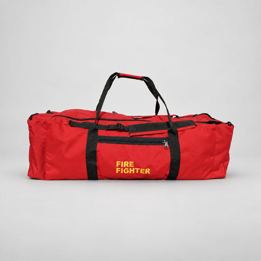 Red Strike Team Crew Bag side view with carrying handles, outside pocket and yellow FIRE FIGHTER lettering.
