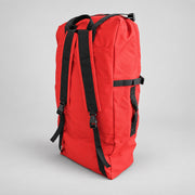 Red Strike Team Crew Pack rear view showing padded shoulder straps and adjustment buckles.