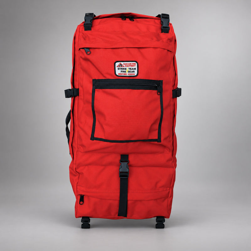 Red Strike Team Crew Pack front view showing exterior compartments, compression straps and carrying handles.