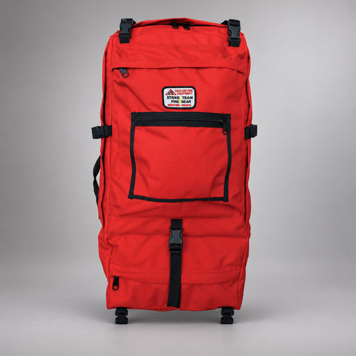 Red Strike Team Crew Pack front view showing exterior compartments, compression straps and carrying handles.