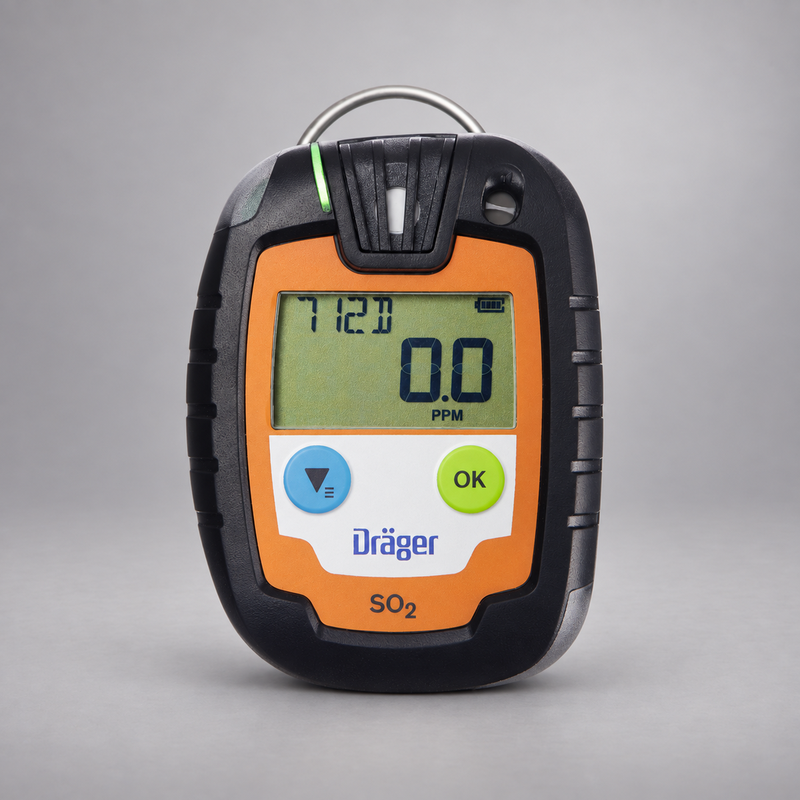 Dräger Pac 6000 SO2 single-gas detector on a warm gray studio background