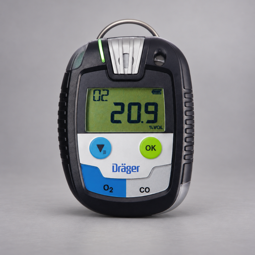 Dräger Pac 8500 O2 and CO dual-gas detector on a warm gray studio background