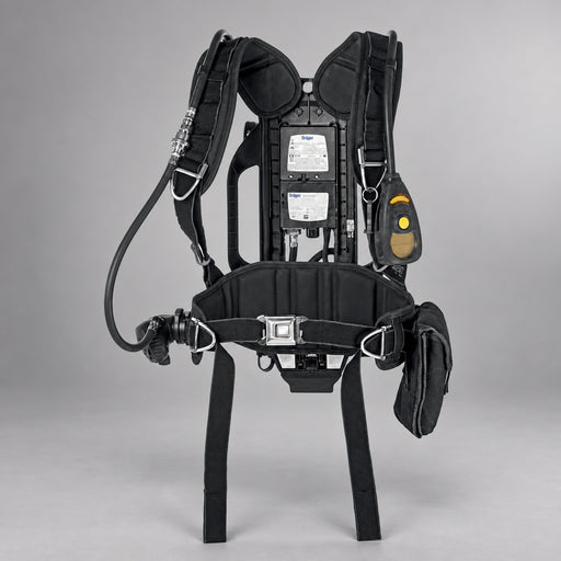 Dräger PSS 5000 NFPA-certified SCBA harness and Sentinel monitor on a warm gray studio background