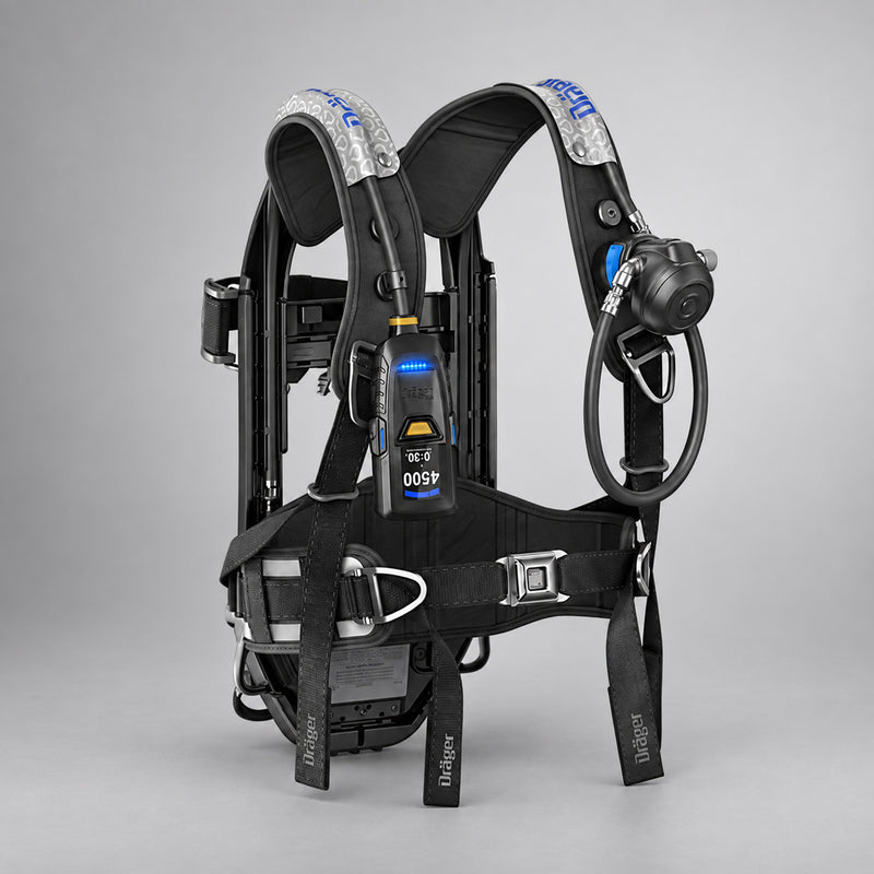 Dräger PSS AirBoss NFPA-certified SCBA carrier with Sentinel monitor on a warm gray studio background