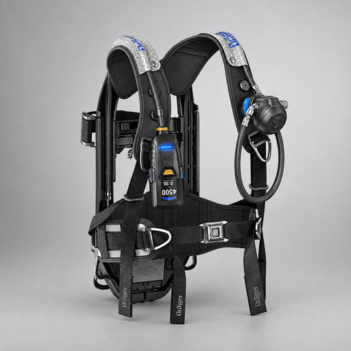 Dräger PSS AirBoss NFPA-certified SCBA carrier with Sentinel monitor on a warm gray studio background