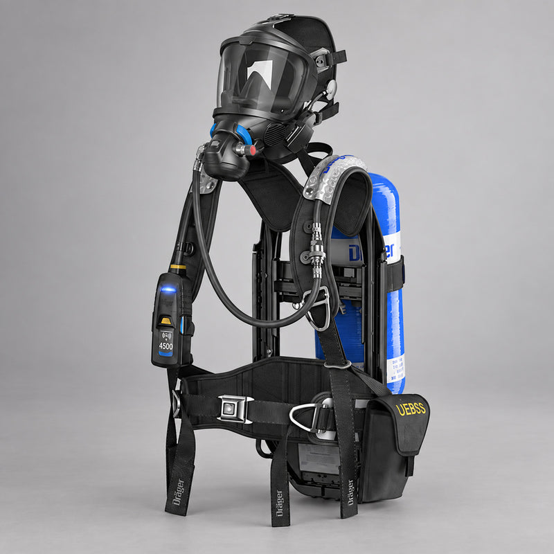 Dräger PSS AirBoss SCBA with cylinder, full-face mask, Sentinel monitor and UEBSS pouch on a warm gray studio background