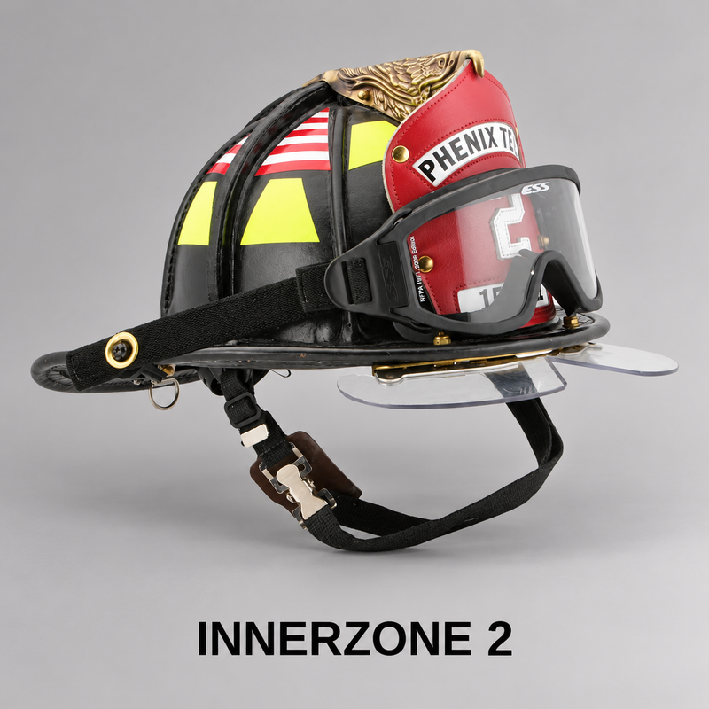 ESS Innerzone Structural FS goggles worn with a structural firefighting helmet