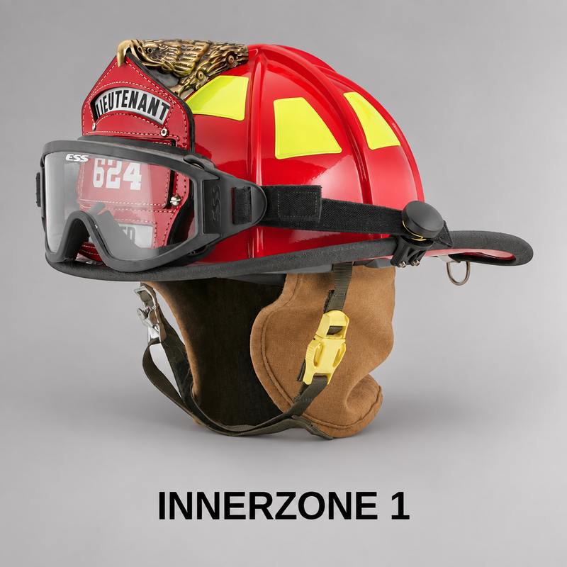ESS Innerzone Structural TS goggles mounted on a structural fire helmet