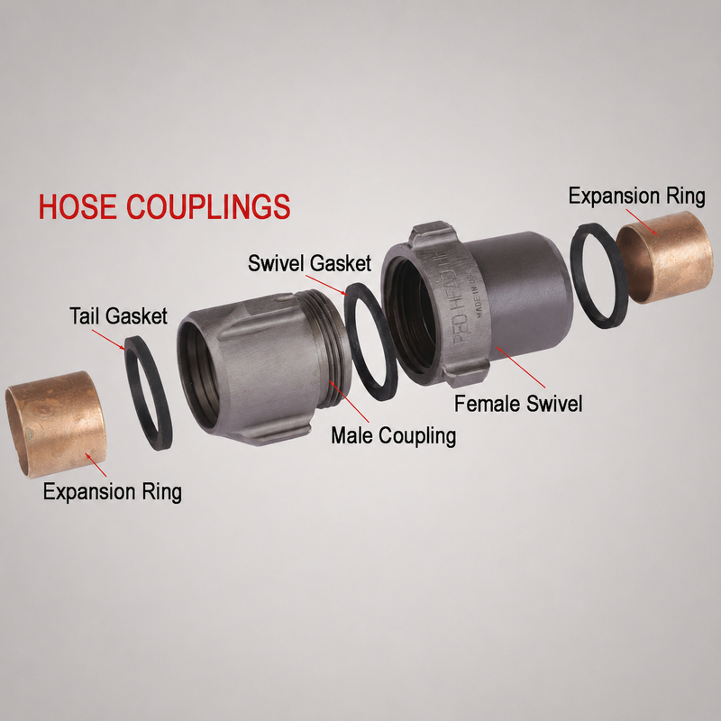 An exploded view diagram of a metal hose coupling assembly on a light gray background, with red text reading 'HOSE COUPLINGS' and labels pointing to Expansion Ring, Tail Gasket, Swivel Gasket, Male Coupling, Female Swivel, and the copper-colored ends.