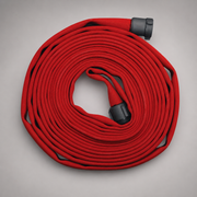 A coiled red fire hose with black plastic connectors, photographed on a neutral light gray background.