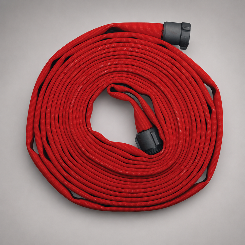 A coiled red fire hose with black plastic connectors, photographed on a neutral light gray background.