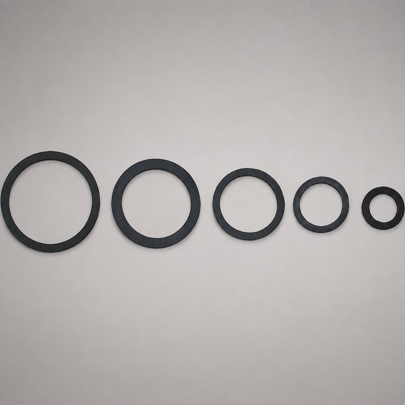 Five black circular rubber gaskets or seals of varying sizes arranged in descending size order against a plain light gray background.