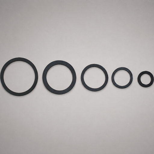 Five black circular rubber gaskets or seals of varying sizes arranged in descending size order against a plain light gray background.
