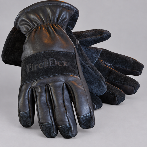 Pair of Fire-Dex Dex-Pro structural firefighting gloves on a light gray studio background