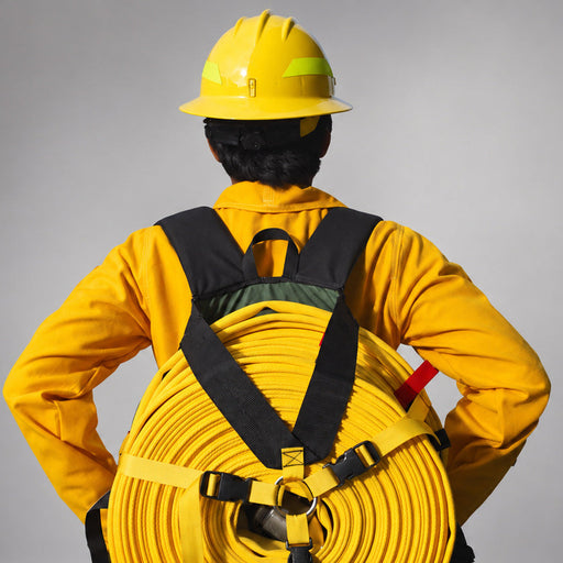 Firefighter wearing a loaded Strike Team Fireline Hose Pack with coiled yellow wildland hose and color-coded securing straps.