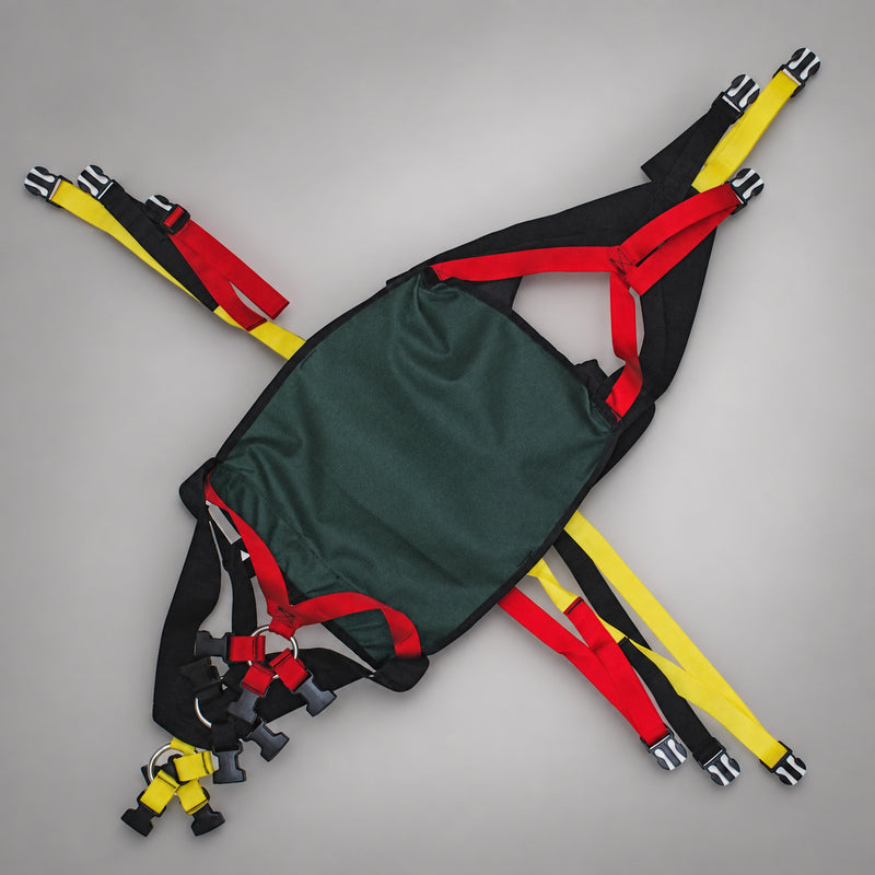 Strike Team Fireline Hose Pack laid open, showing the green support panel, padded shoulder straps and color-coded webbing.