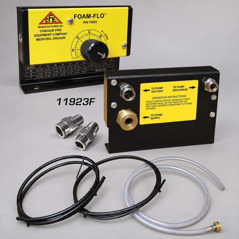 Foam-Flo 11923F permanent-mount kit with bracket, couplings and hoses on a gray background