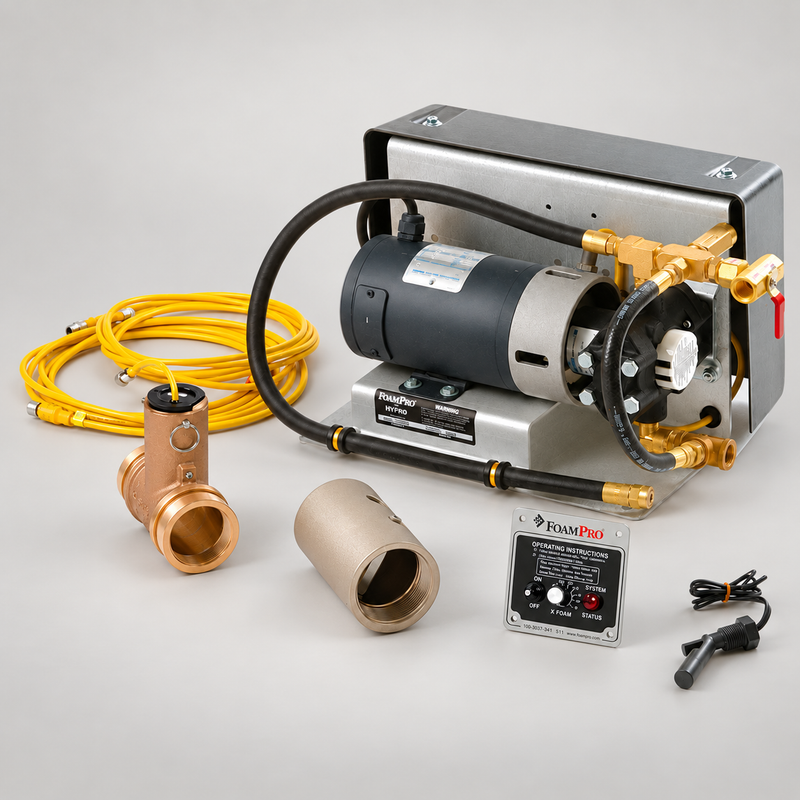 FoamPro 1601 foam proportioning system kit with pump, control module and components on soft gray studio background