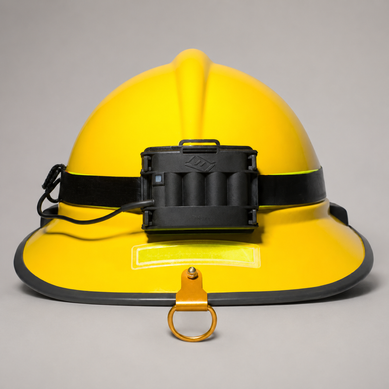A yellow firefighter hard hat with a black headlamp mounted on the front, a black adjustable strap, and a gold-colored hanging ring, shown against a neutral gray background.