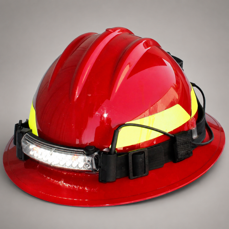 A red firefighter helmet with a bright yellow reflective band, a black chin strap, and an attached white LED headlamp, shown on a neutral gray background.