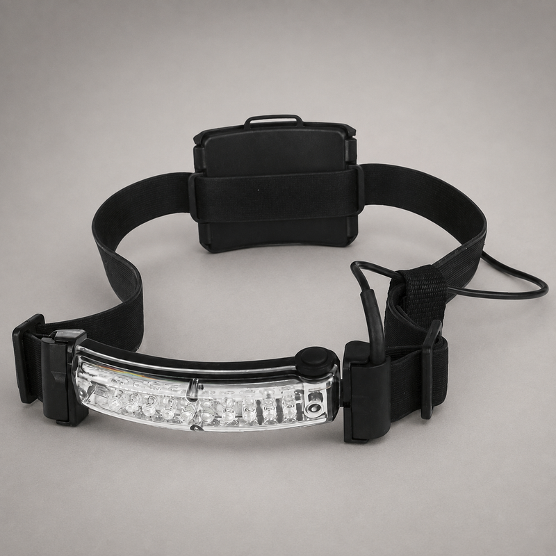 A black tactical headlamp with an adjustable elastic strap and a clear rectangular LED light bar, shown on a neutral gray background.