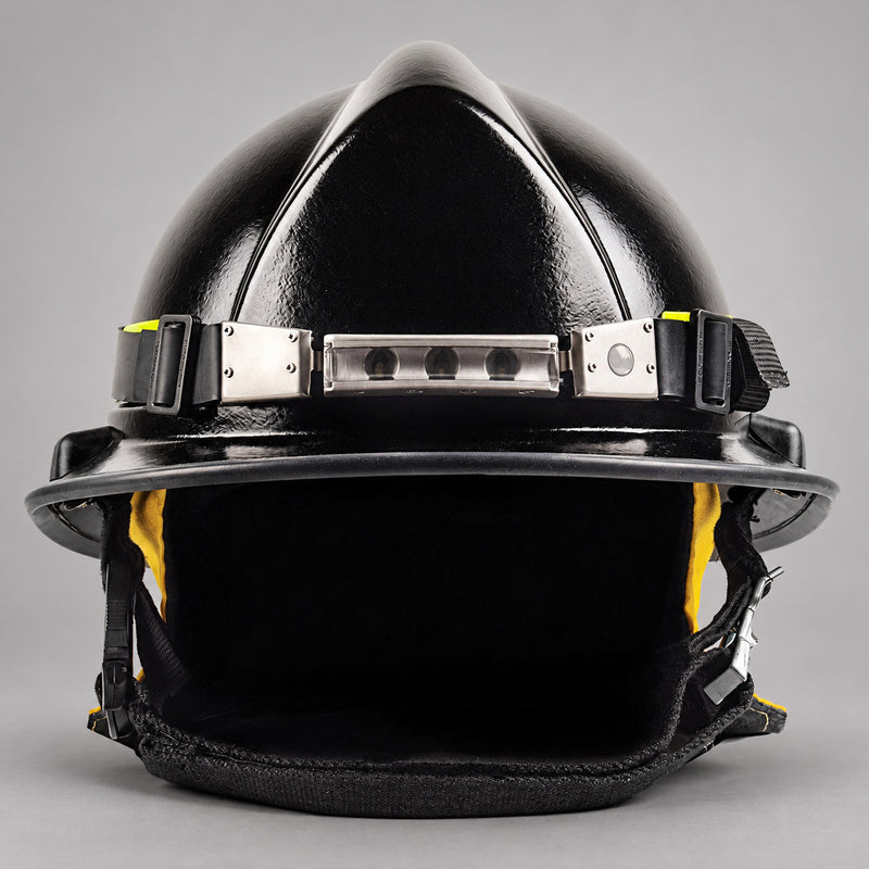 FoxFury Discover helmet light mounted on a black firefighter helmet