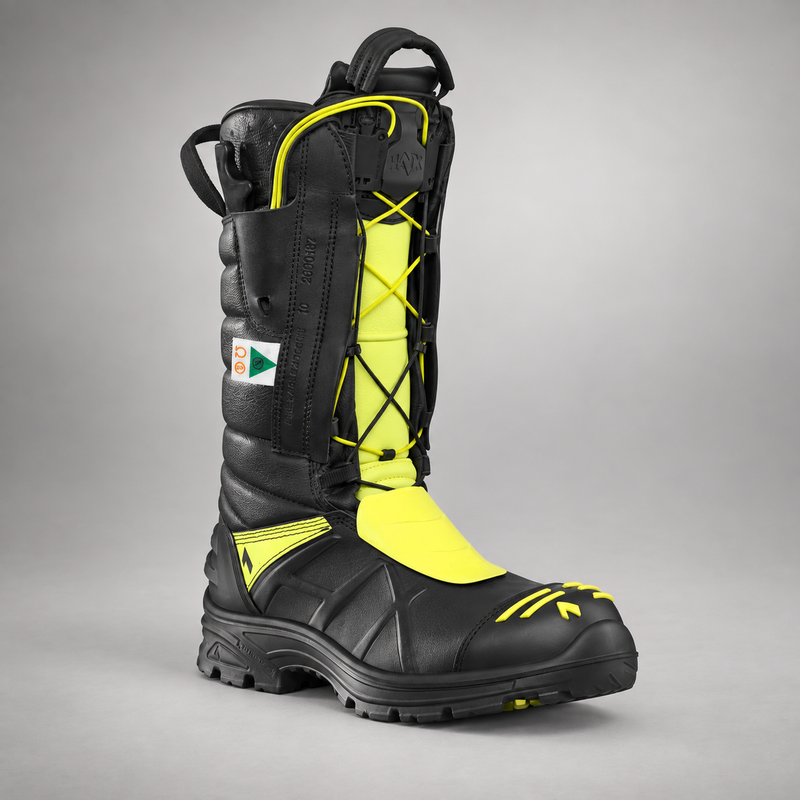 HAIX Fire Eagle Xtreme men's firefighting boot showing RAPIDfit 2-Zone Lacing and metatarsal protection