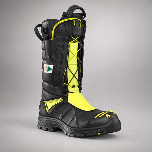 HAIX Fire Eagle Xtreme men's firefighting boot showing RAPIDfit 2-Zone Lacing and metatarsal protection
