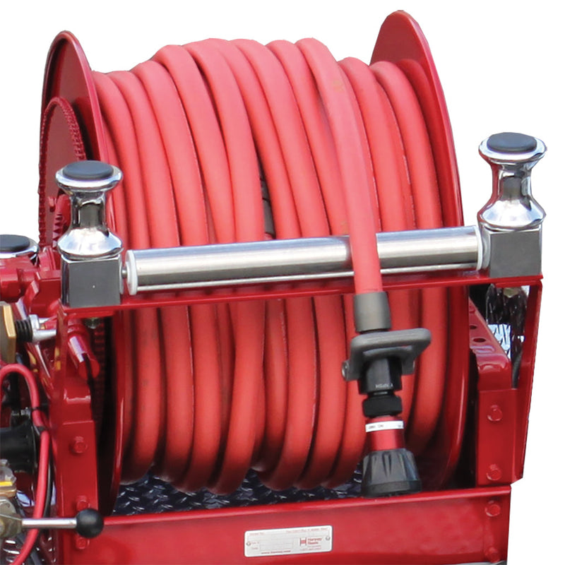 Hannay roller guide assembly on a red booster hose reel