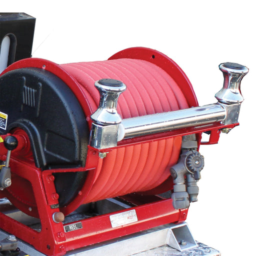 Hannay mini reel shown with hose and optional roller assembly