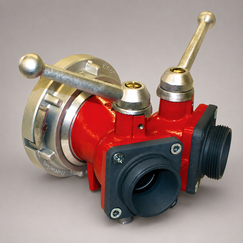 Harrington H200 two-way LDH ball valve with Storz inlet and two 2½-inch NH outlets.