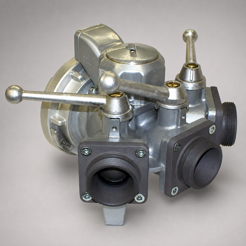 Harrington H300 three-way LDH ball valve with Storz inlet, three outlets and relief valve.