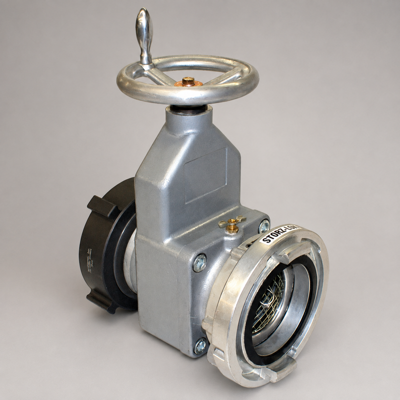 Harrington hydrant gate valve with handwheel, air bleeder and Storz connection.”