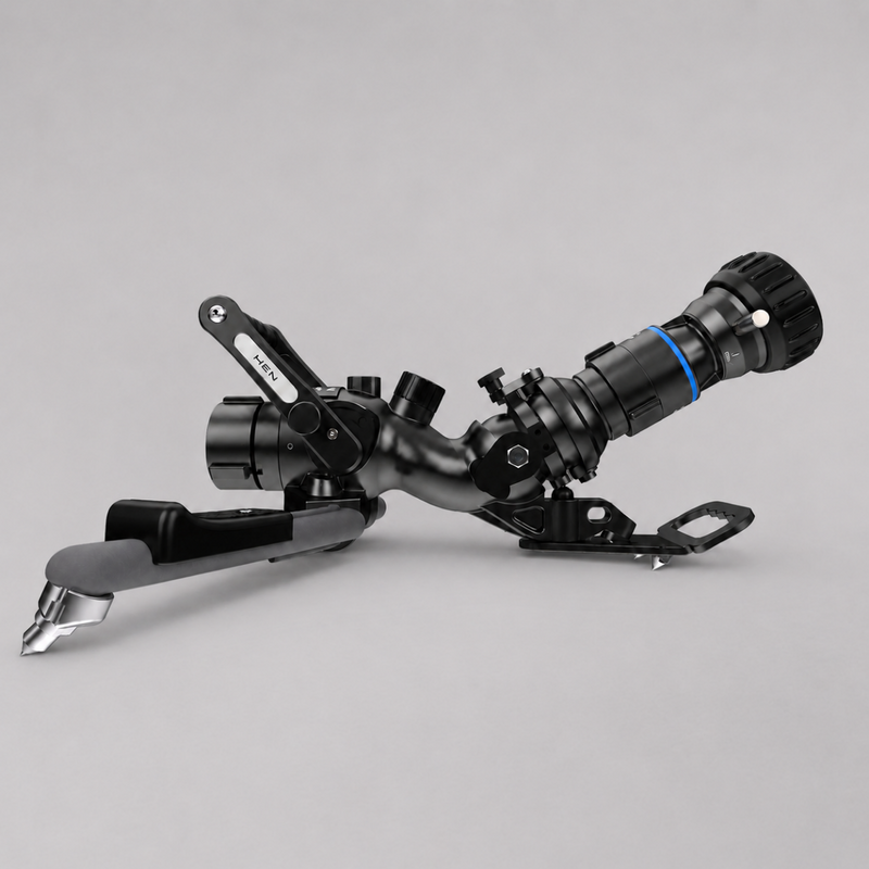 Side view of HEN TITAN FLASH portable fire monitor with BLADE 500 nozzle and stabilizing legs