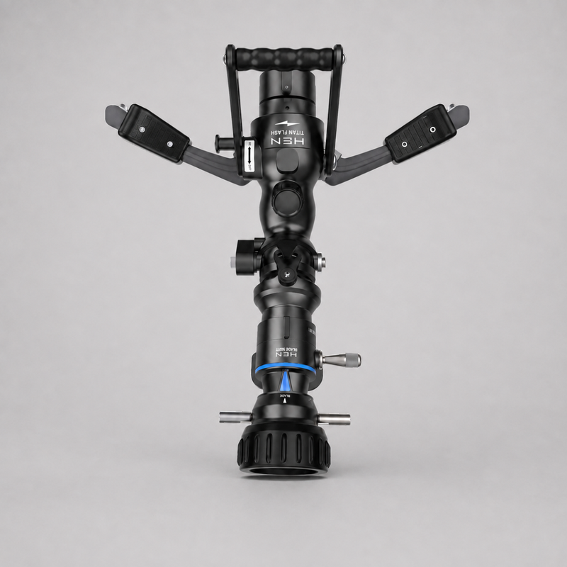 Top view of HEN TITAN FLASH portable fire monitor with BLADE 500 nozzle and folding legs
